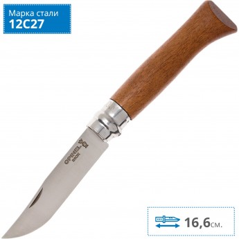 Нож OPINEL №6, нержавеющая сталь, ореховая рукоять в картонной коробке 002025